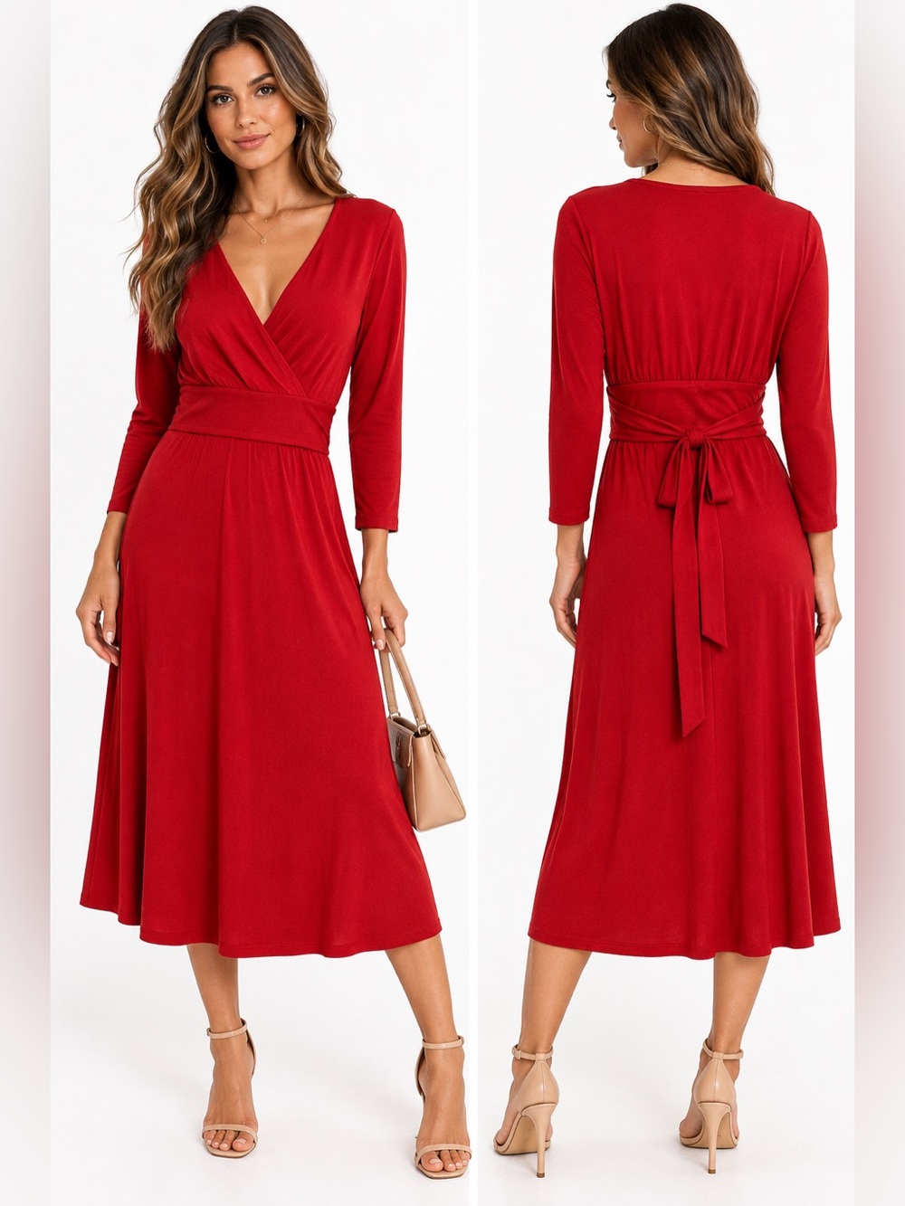 Talbots Red Wrap Front Midi Dress Size L Long Sleeve Ruffle Waist